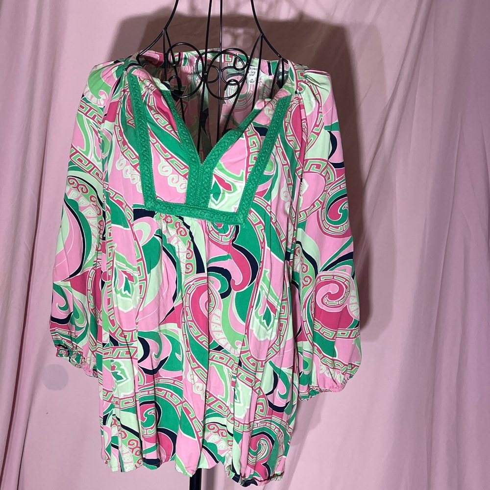 crown & ivy Vibrant Pink and Green Patterned Blouse/ 1 small flaw